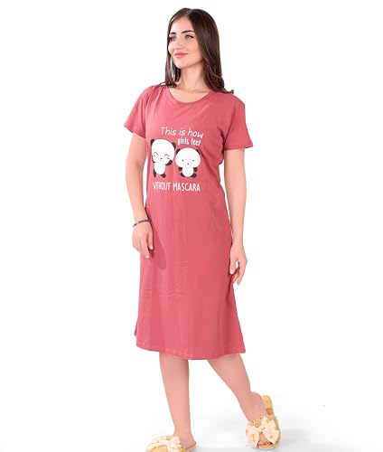 Image of Printed Knee Length Pocket Night Dresses for Women | Cat Lovers | Premium Soft Cotton Nighty | Sky Blue