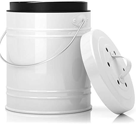 Oversized White 5 Liter 1.3 Gallon Kitchen Compost Bin with Plastic Liner & 2 Charcoal Filters - Odor Free To Prevent Bugs And Smell - Dishwasher Safe Removable Food Waste Caddy Bin - food bin caddy