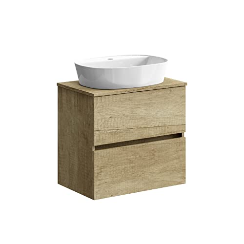 Baikal Onyx Badezimmerschrank, montiert, 2 Schubladen, Badezimmermöbel mit Waschbecken, Wandschrank, Keramikwaschbecken, ohne Spiegel, 60 cm Nature