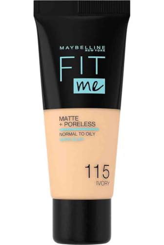 Maybelline Fit Me Foundation, Medium Coverage, Blendable With a Matte and Poreless Finish, For Normal to Oily Skin, Shade: 115 Ivory, 30ml