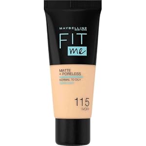 Maybelline Fit Me Foundation, Medium Coverage, Blendable With a Matte and Poreless Finish, For Normal to Oily Skin, Shade: 115 Ivory, 30ml