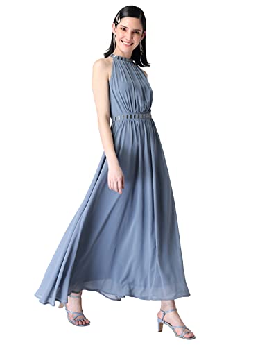 Image of FabAlley Department377 Blue Halter Neck Embellished Maxi Dress