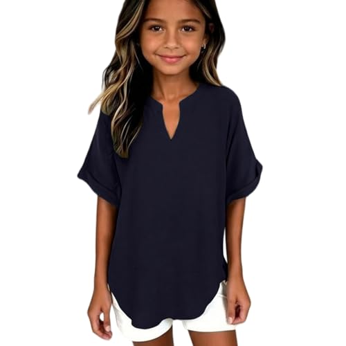 CGGMVCG Camisa de lino para niña, verano, manga corta, cuello en V, informal, holgada, ropa de moda para niños, azul marino, 9-10 años
