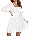 Square Neck Mini Dress for Women Puff Sleeve Tie Back Aline Dress with Elastic Waist (Small, White)