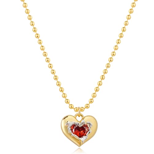 Jenosy 18K Gold Plated Gold Heart Necklace for Women Chunky Heart Necklace with Crystal Birth Stone Handmade Birthday Necklace Jewelry
