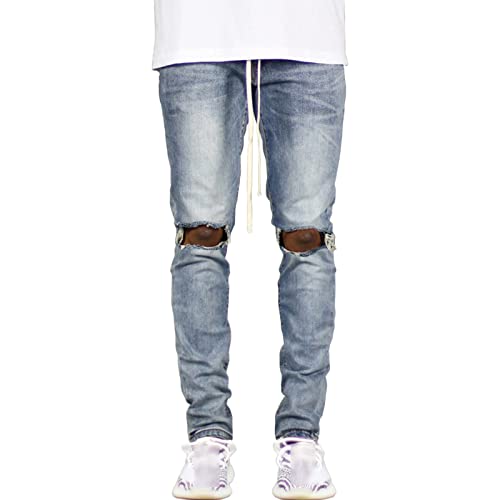 Maiyifu-GJ Men's Ripped Destroyed Jeans Distressed Skinny Slim Fit Denim Pants Drawstring Elastic Waist Ankle Zipper Jean (Light Blue,31)