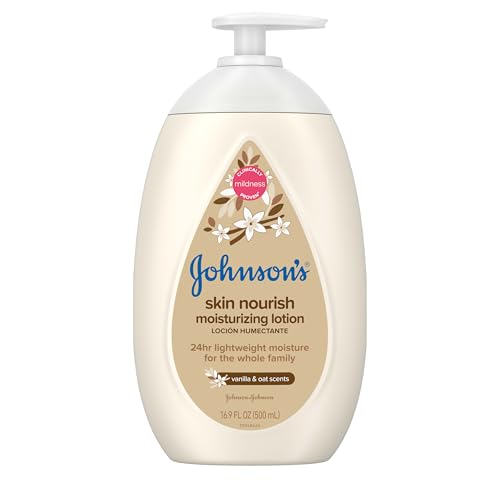 Johnson’s Skin Nourish Moisturizing Baby Lotion for Dry Skin with Vanilla & Oat Scents, Gentle & Lightweight Body Lotion for the Whole Family, Hypoallergenic, Dye-Free, 16.9 fl. oz