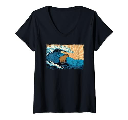 Capybara Wave Funny Surfing Rodent Animal Lovers Art Novelty T-Shirt avec Col en V
