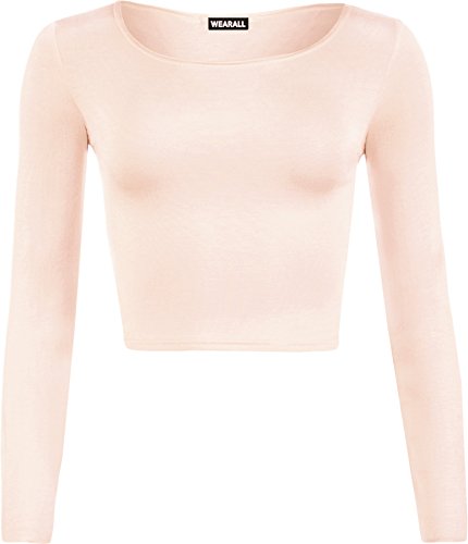 Womens Crop Long Sleeve T Shirt Ladies Short Plain Round Neck Top - Nude - 8/10