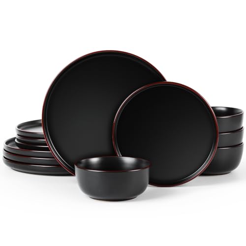 Richmount Mercury Service de Table 12 Pièces, Céramique pour 4 Personnes avec Assiettes et Bols, Micro-ondes et Lave-vaisselle, Noir Mat