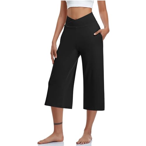 Womens Capris Loose Stretch Active Workout Crop Lounge Yoga Pants Activewear Wide Leg Capri Leggings with Pockets2