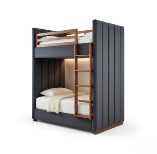 Image of STRATA FURNITURE Solid Wood Velvet Upholstered Bunk Bed with Ladder | Wooden Twin Over Double Bed for Bedroom Living Room and Home (Grey)
