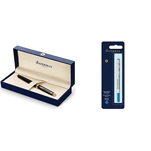 Waterman Hémisphère stylo roller | noir brillant avec attributs or fin 23K | pointe fine | encre noir | coffret cadeau & recharge d’encre pour stylo roller | pointe fine | encre bleue | 1 recharge