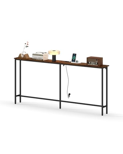 Ginhow Recibidores De Entrada, Mesa Consola Recibidor, Mesa Alta, Mueble De Entrada Recibidor con 2 enchufes y Puertos USB, Mueble Estrecho con Grano de Madera marrón y Marcos metálicos