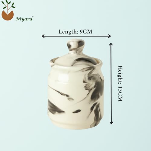 Image of Niyara Handcrafted Ceramic Pickle Jar Set, Premium Metal Tray, Spoons & Lids - Multipurpose Storage for Pickles, Chutneys, Spices & Condiments (Set of 4, 300ML /Each) (White Marble design)