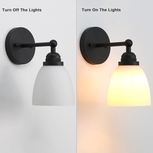 Image of Yosoan Indoor Milk Shade Reading Wall Sconce, 1-Light Modern Brass Vintage Industrial Single Lights Hardwired with White Oval Cone Glass Shade Small Lamp for Bathroom Bedside Hallway Vanity(Black)