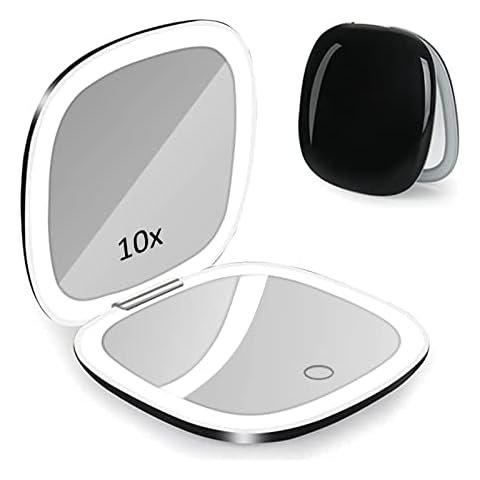 Micacorn Tragbar Kompaktspiegel mit LED Beleuchtung 1X 10X Vergrößerung Schminkspiegel USB Wiederaufladbarer Klappbarer Spiegel Touchscreen 3 Farben Dimmbar Schminkspiegel für Unterwegs Handtasche Cover