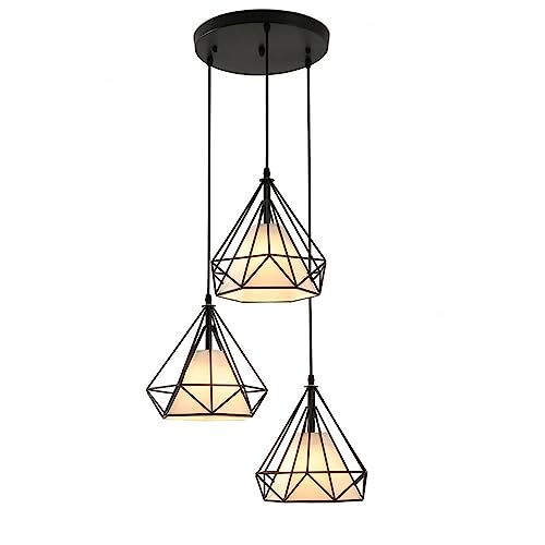 Lampe suspendue 3 lumières avec abat-jour cage en métal noir rétro