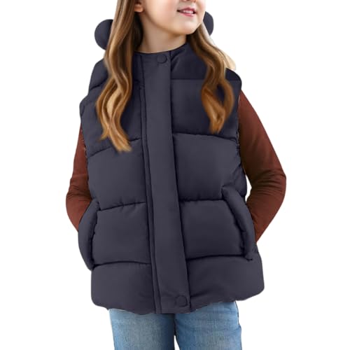 Doudoune à capuche pour enfant fille sans manches gilet en duvet léger hiver chaud gilet matelassé extérieur coupe-vent mi-saison gilet tampon uni, Noir (01), 130
