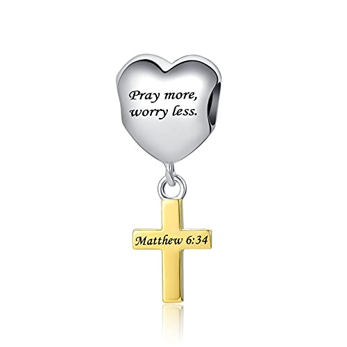 Image of Religious Cross Charm Scripture Bible Verse Engraved Gold Beads Charms for Pandora Bracelets