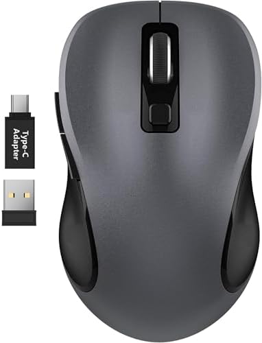 WisFox 2.4G Wireless Mouse for Laptop, Ergonomic Computer Mouse with USB Receiver and Type-C Adapter, 3 Adjustable Levels, 6 Button Cordless Mice for Windows Mac PC Notebook (Grey and Black)