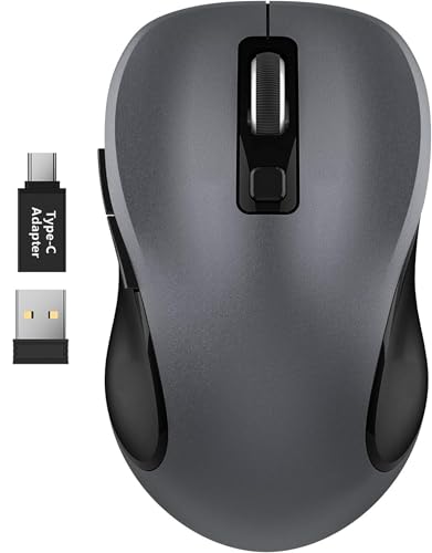 Image of WisFox 2.4G Wireless Mouse for Laptop, Ergonomic Computer Mouse with USB Receiver and Type-C Adapter, 3 Adjustable Levels, 6 Button Cordless Mice for Windows Mac PC Notebook (Grey and Black)