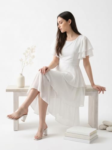 Image of Women Layered Georgette Fit & Flare Midi Dress | Round Neck Flutter Sleeve Knee Length Dress | Tiered Party Dress for Women Evening and Casual Styling