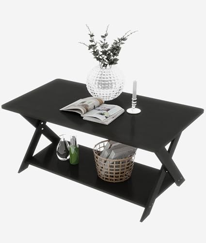 VPSMAT Modern Coffee Table with Storage Shelf, Simple Rectangular Tea Tables for Living Room Bedroom Home Office Black Oak