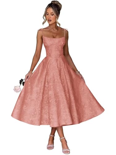 Neolt Jacquard Satin Tea Length A Line Bridesmaid Dresses for Wedding Pleated Lace Up Backless Rose Gold Sleeveless Midi Formal Evening Party Gown 2026 US6