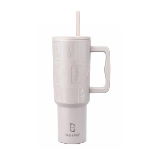 Image of House of Quirk 1200ML Stainless Steel Tumbler with Handle & Lid, 2 Straws - Large Travel Mug Water Cup for Gym, Office & Outdoor Use (Oat Flora)