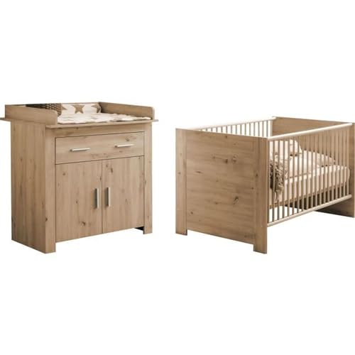 TREND TEAM Chambre bébé Duo : Lit 70 x 140 cm + Commode a Langer AHOI - Chene