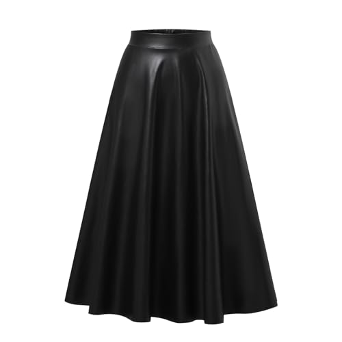 Women's High Waist A-Line Skirt - Slimming Elastic Waist Faux Leather Long Skirt, Princess Style Formal/Casual Wear