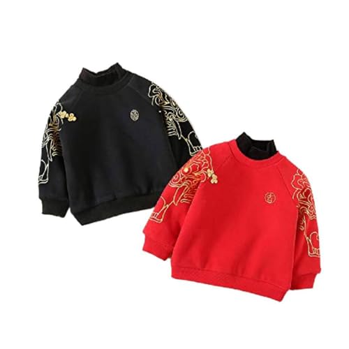 Quenny Children's Chinese Style Velvet Sweater,Autumn and Winter New Boys' Tang Suit,Thickened Fake Two T-Shirts Annual Clothes. (Red, Small)