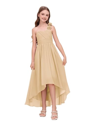 One Shoulder Junior Bridesmaid Dress for Wedding High-Low Chiffon A-Line Belt Princess Pageant Flower Girl Dress