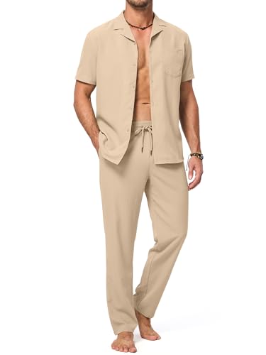 JMIERR Men 2 Piece Beach Vacation Outfit Pants Set Summer Cool Short Sleeve Casual Shirts