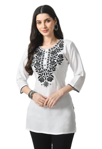 Image of LIBOZA Kurti for Women - Short Chikankari Kurtis for Girls, Lakhnawi Tunic Top Kurta Design for Ladies, Woman Ethnic Kurthis & Shirt with Sleeve