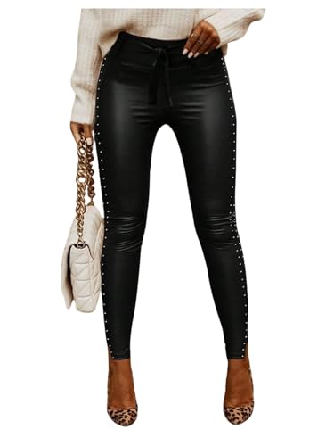 GORGLITTER Leather Leggings for Women UK High Waisted Belted Studded Slit Skinny Clubwear Trousers Black Large