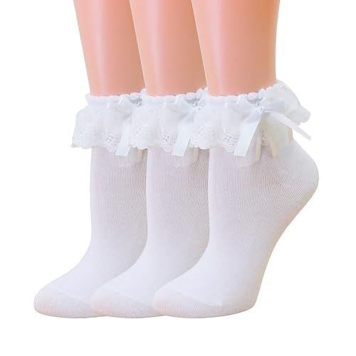 SRYL Women Ankle Socks, Lace Ruffle Frilly Comfortable Princess Socks (3 Pairs-White)