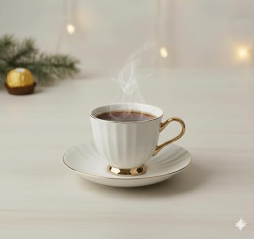 Image of Kitchen Tea Cups and Saucers Set of 6 (180 Ml), Porcelain White Tea Cup Set with Golden Trim, Dishwasher Safe for Tea Milk & Coffee Chai, Teacup Set