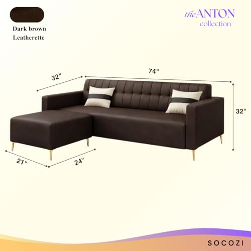 Image of SOCOZI Anton 4 Seater L Shape Sofa Set with Movable Ottoman | Flexible Left or Right Layout | Premium Leatherette with Golden Metal Legs |Sofa for Living Room (Brown Leatherette)