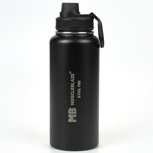 MuscleBlaze Stainless Steel Vacuum Insulated Water Bottle (Black, 1L)