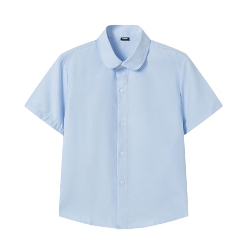 Boys Girls Short Sleeve Button Down Shirt Square Crew Neck Blue Oxford Shirts 5T-16Y