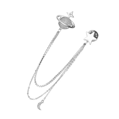 Sparkling Rhinestones Embellished Lapel Pin with Planet Tassels Chain Accent