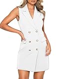 Asvivid Women Elegant V Neck Sleeveless Blazer Dress Casual Work Office Double Breasted Blazer Dresses with Pockets White Large