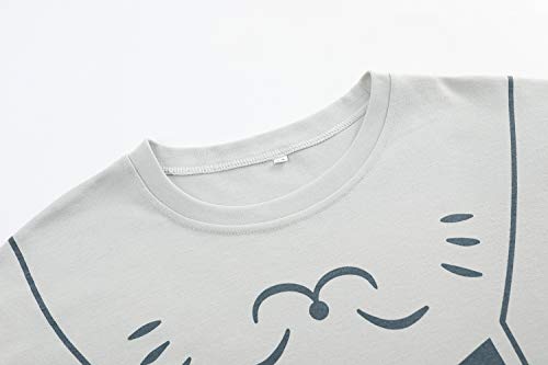 Big Girls Pajamas Set -Cute Bunny Long Sleeve and Pant Casual Loungewear Young PJS Size 12-16 (8, Grey&Blue(Cat))2