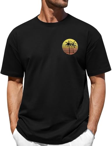 Lonya Herren Oversize T Shirt Sommer, Baumwolle Rundhals Kurzarm, Kokosnussbaum Strand Sonnenuntergang Palm Bedruckte Streetwear Basic Casual Oberteile Top