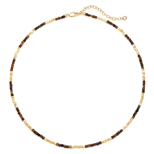 MEVECCO Alternating Stone Bead Choker Necklace for Women, Brown Mix
