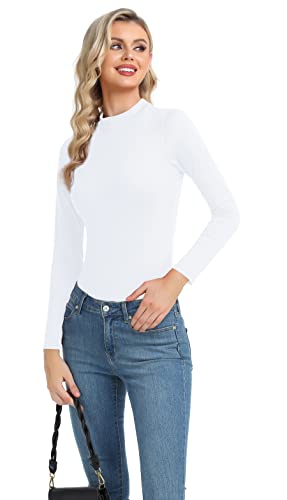 Basic Long Sleeve Going Out Top For Women Slim Fitted Mock Neck Thermal Shirt White Medium #TOP3
