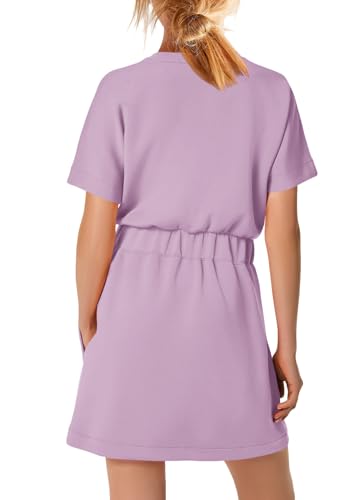 Image of SENSERISE Womens Short Sleeve T Shirt Dresses Crew Neck Solid Color Basic Smocked Waist Dress with Pockets