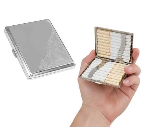 Caixa de cigarro de metal com estampa de crisântemo gravada – comporta 18 cigarros, caixa de armazenamento de tabaco à prova de estilhaçamento e resistente à umidade, suporte de prata para ocasiões
